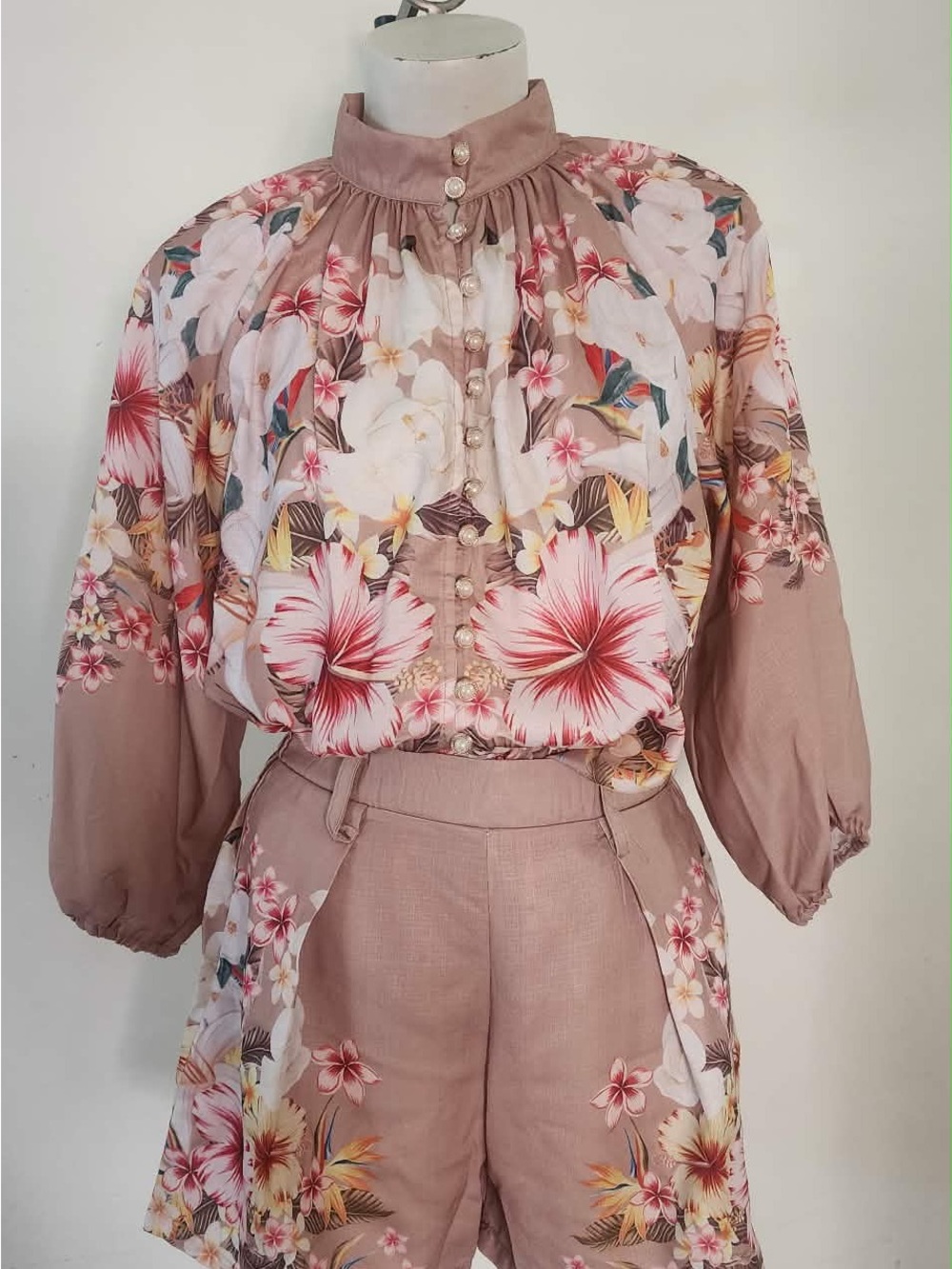 Floral Pearl-Button Blouse - Blush Pink